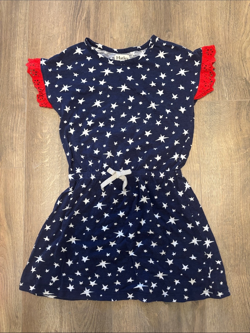 Hatley Navy Star Print Dress with Red Eyelet Cap Sleeves